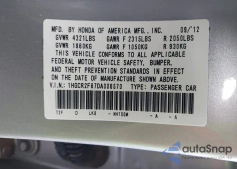 2013 Honda Accord Sdn Ex-L from USA, damaged, VIN 1HGCR2F87DA006570